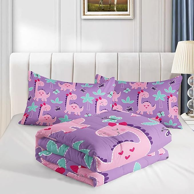 Axolotl Cute Dinosaur Comforter Set Queen Size,Girls Bedding Cartoon Dinosaur Bedding Set for Girls Teens Kids Boys Adults Room Decor,Kids Comforter Set All Season,1 Quilt 2 Pillow Cases,Purple
