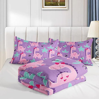 Axolotl Cute Dinosaur Comforter Set Queen Size,Girls Bedding Cartoon Dinosaur Bedding Set for Girls Teens Kids Boys Adults Room Decor,Kids Comforter Set All Season,1 Quilt 2 Pillow Cases,Purple