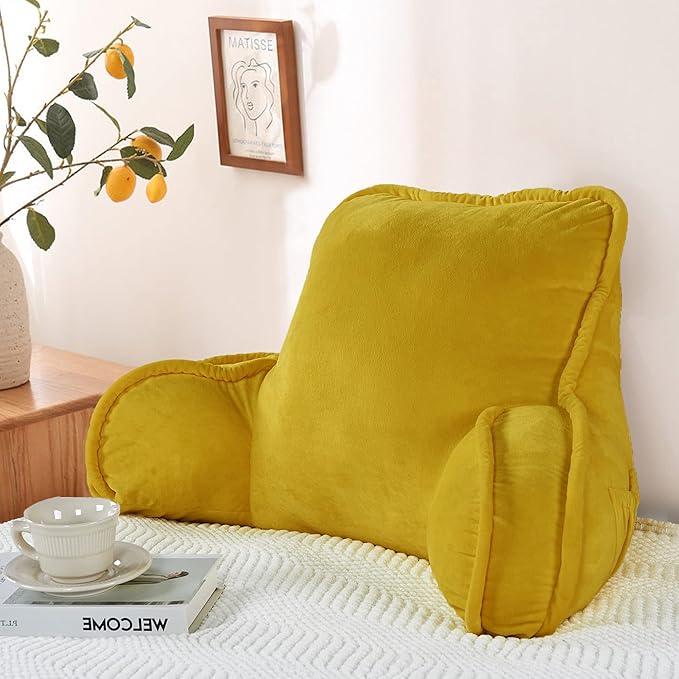 Super Soft Velvety Backrest Reading Bed Rest Pillow with Arms and Pockets 18" H for Sitting in Bed Couch Sofa, Back Support Wedge Cushion with Removable Cover, 20" x 18" x17", Mustard Yellow