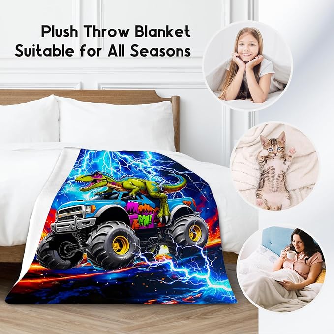 Dinosaur Blanket for Boys, Truck Blanket with Lightning, Truck Gifts for Kids Toddler, Fluffy Flannel Throw for Teens, 50"x60"