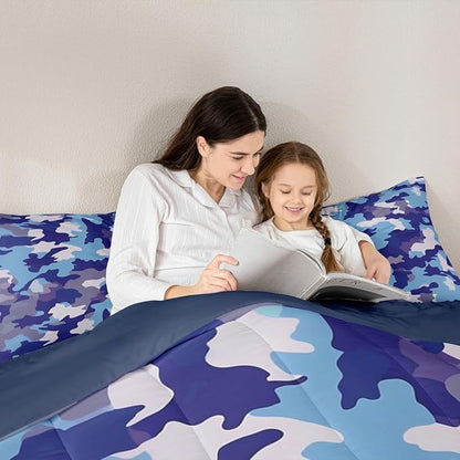 Camouflage Print Full Size Comforter Set,Blue Gray Purple Reversible Bedding Set Bedroom Collection,Army Camo Pattern Abstract Soft Quilted Duvet for Girls Teens