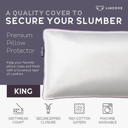 Lincove 100% Cotton Sateen Pillow Protector Cover - Zipper Pillow Cover - 500 Thread Count Luxury Cotton - Zippered Dust Pillow Protector Bed Pillow Case, King Size, 20”x36” – 2 Pack