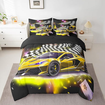 Feelyou Yellow Racing Car 7 Piece Bedding Set Queen Size Extreme Sport Comforter Set with Sheets for Kids Boys Girls Teens Toddler Fast and Furious Bed in a Bag Black White Flag Bed Set