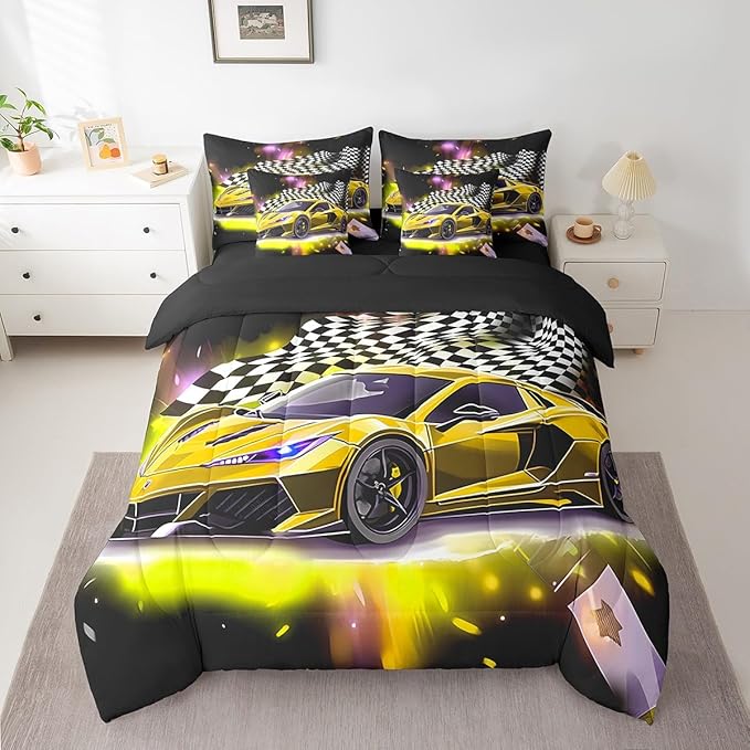 Feelyou Yellow Racing Car 7 Piece Bedding Set King Size Extreme Sport Comforter Set with Sheets for Kids Boys Girls Teens Toddler Fast and Furious Bed in a Bag Black White Flag Bed Set