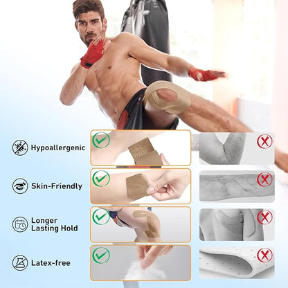 PreCut Kinesiology Tape for Knees, 12 PCS Waterproof KTQUICK Knee Tape for Knee Pain Relief Pre Cut, Original Cotton Athletic Knee Tape, Waterproof & Hypoallergenic Latex-Free for Sports (Beige)