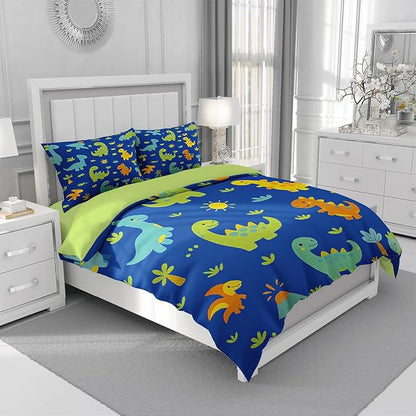 Dinosaur Duvet Cover Sets Full Size for Kids Boys Girls Teens, Cartoon Blue Green Comforter Cover,1 Duvet Cover 79x90 Inches and 2 Pillowcases 20x26 Inches (Full,No Comforter)