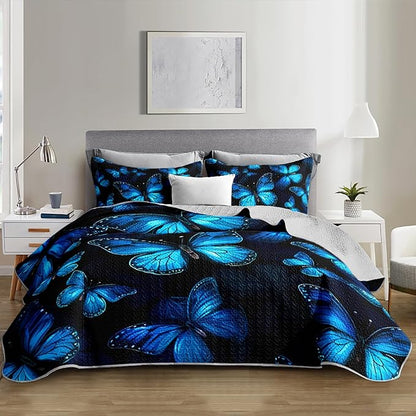 Queen Size Quilt Set,Blue Butterfly Botanical Pattern Bedding Set,3 Piece Lightweight Soft Summer Quilted Bed with 2 Pillowcases for All Season.