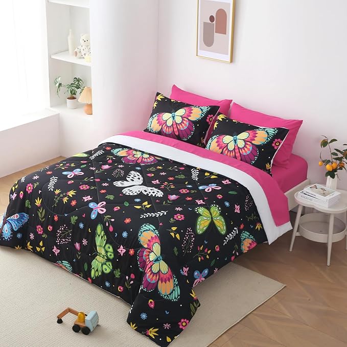 Girls Butterfly Comforter Set Queen Size Colorful Flowers Leaves Bedding Set for Kids Teens Adults Black 7 Piece Bed in A Bag Super Soft All Season