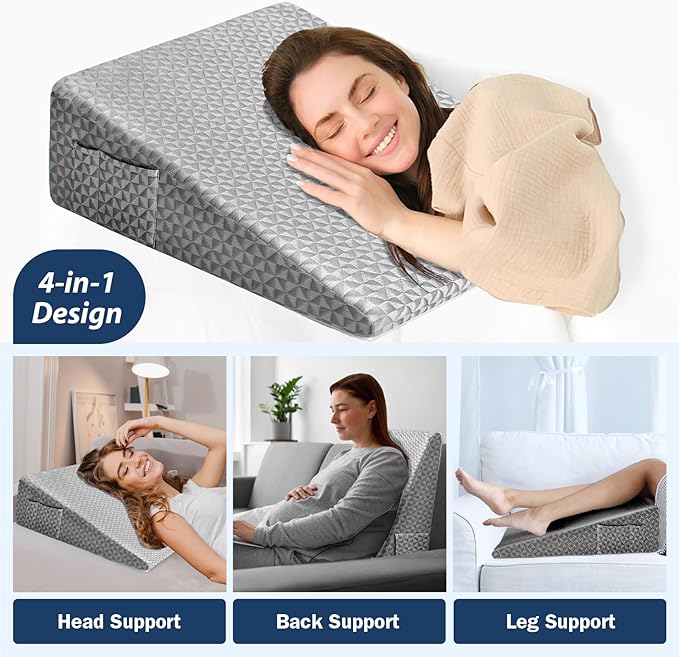 Wedge Pillow 7.5" Bed Wedge After Surgery, Back Pain Relief, Memory Foam Pillow Triangle Incline Wedge for Back Support, Leg Elevation（Grey）