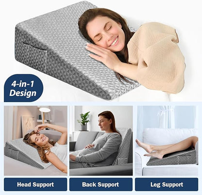Wedge Pillow 7.5" Bed Wedge After Surgery, Back Pain Relief, Memory Foam Pillow Triangle Incline Wedge for Back Support, Leg Elevation（Grey）