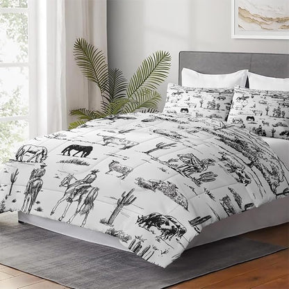 Full Size Comforter Set with 2 Pillowcase, Cowboy Cow Farm Soft 3 Pcs Bedding for Kids and Adults, Horse Vintage Western Comforter Set for Room Bedroom Bed Decor
