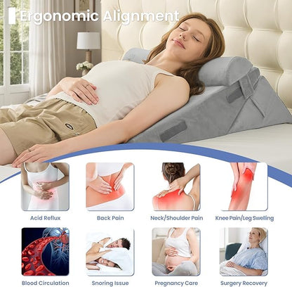 Sasttie Wedge Pillow Set for After Surgery, 2PCS Adjustable Bed Wedge Pillow Headboard with Memory Foam Neck Cushion – for Acid Reflux, Sleeping, Neck & Back Support, Velvet & Light Grey
