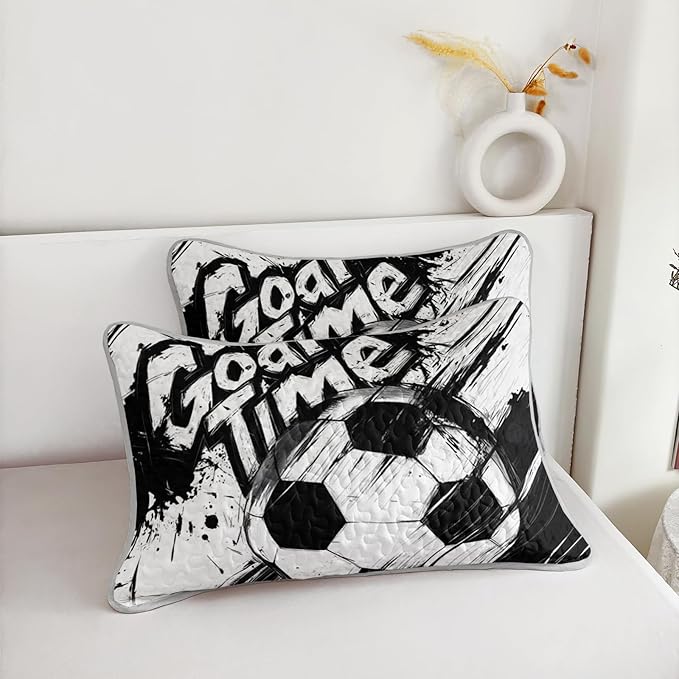 AILONEN Kids Soccer Quilt Set Queen Size,Graffiti Football Black White Bedspread Coverlet for Boys Girls,Sports Soccer Ball Game Quilt & 2 Pillowcases,3-Piece