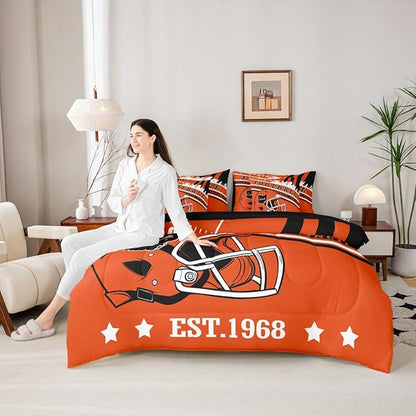 Erosebridal Queen Size Football Kids Comforter Set City Seasonal Color Gridiron Bedding, Rugby Sports Helmets Comforter + Flat Sheet + Fitted Sheet + 2 Pillowcases + 2 Throw Pillow Covers
