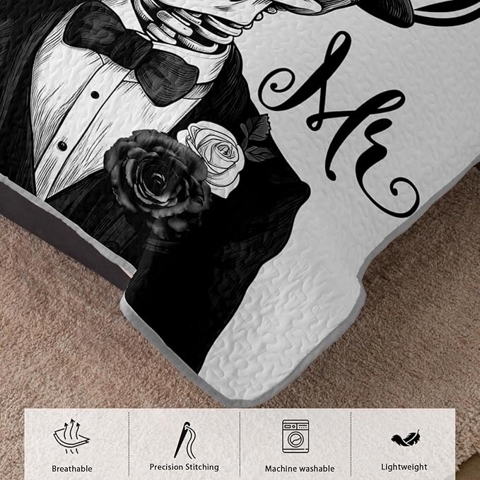 AILONEN Black and White Queen Size Quilt Set,Mr Mrs Skull Bedspread Coverlet + 2 Pillowcases,3Pcs Valentines Skeleton His Hers Bed Cover for Couples Lovers