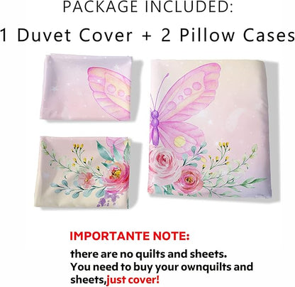 CVHOUSE Rainbow Butterfly Duvet Cover Twin Size,Rainbow Flower Bedding Set,Floral Comforter for Girls Kids Teens,1 2 Pillowcases 3 Piece Twin 71'x87'