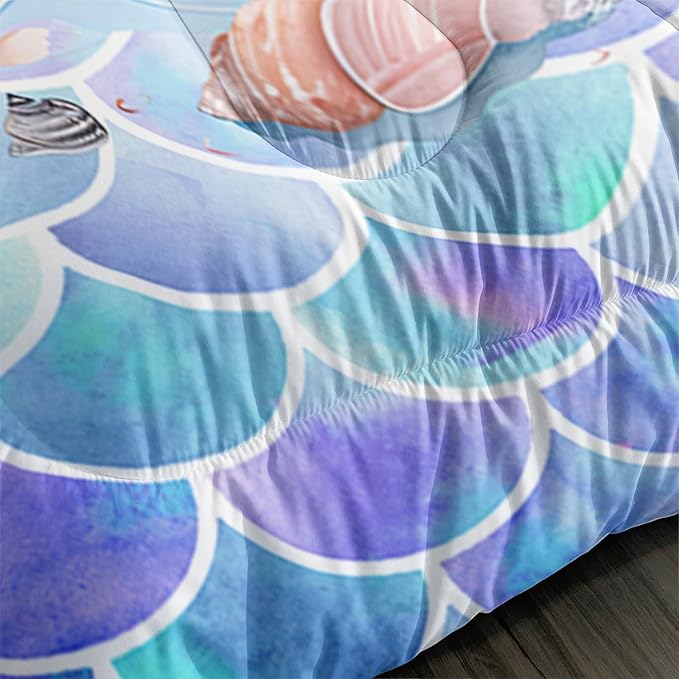 Mermaid Comforter Set Full Size, Cute Mermaid Conch Sea Shell Bedding Set with Fish Scale Design for Kids Girl, Ocean Theme Duvet Set with 2 Pillowcases