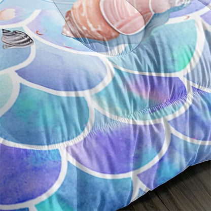 Mermaid Comforter Set Twin Size, Cute Mermaid Conch Sea Shell Bedding Set with Fish Scale Design for Kids Girl, Ocean Theme Duvet Set with 2 Pillowcases