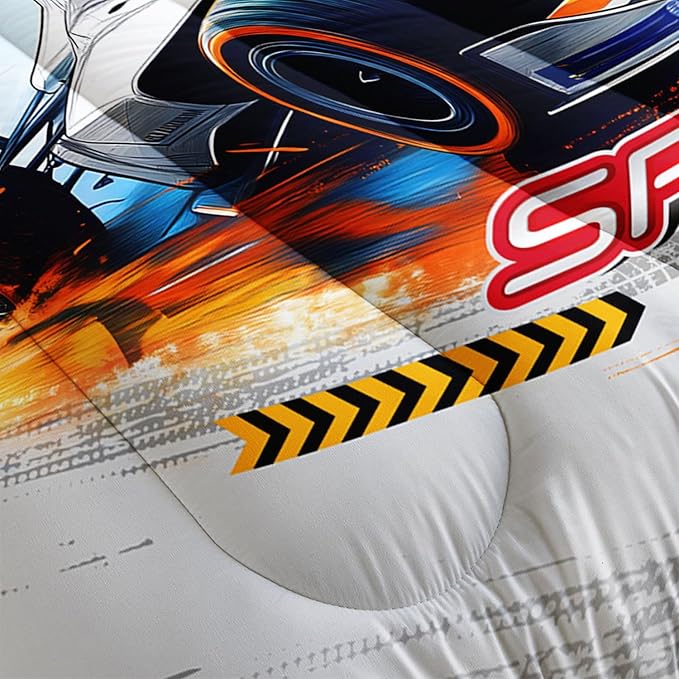 Racing Car Comforter Set Extreme Sports Printed Bedding Set with 1 Comforter and 2 Pillowcases for Boys and Girls Bedroom All Season(Car Queen)