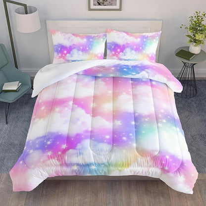 Rainbow Cloud Sky Kids Bedding Set Glitter Golden Stars Comforter 3Pcs Queen Tie Dye Art Quilt Set for Kids Teens Girls Boys Bed Set with 1 Comforter and 2 Pillowcases