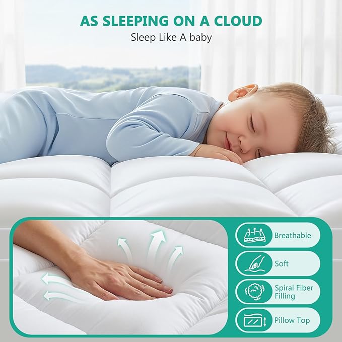 Twin XL Mattress Topper - Extra Thick Mattress Pad Cover - Pillow Top with Soft Breathable Spiral Fiber Filling, 8-21 Inch Deep Pocket, Cooling, White