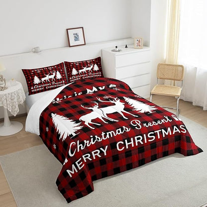 Christmas Comforter Set,Reindeer Moose Deer Bedding Set for Kids Boys Girls,Black Red Merry Christmas Grid Checkered Duvet Insert Full,Happy New Year Xmas Down Comforter with 2 Pillow Shams