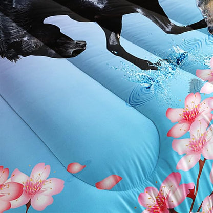 Kid Horse Comforter Set Full Floral Animal Theme Handsome Horse Chic Cherry Blossom Bedding Set 3D Wild Animal Decor Quilt Set for Girls Adult, 1 Comforter + 2 Pillowcases