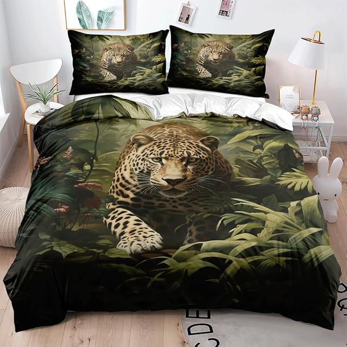 Leopard Print Duvet Cover Set King Size 3D Wild Animals Leopard Jungle Print Bedding Set with 2 Pillowcases for Kids Teens Adults Room Decor,Green Yellow