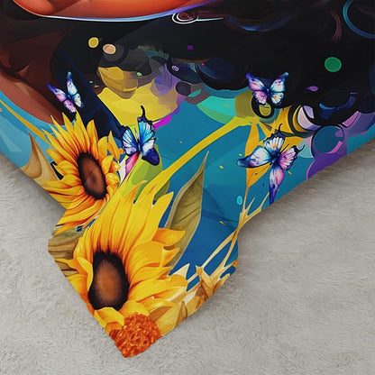 Black Girl Queen Size Comforter Set for Girls, African American Girl Bedroom Decor with Sunflower and Butterfly, 1 Comforter and 2 Pillowcases
