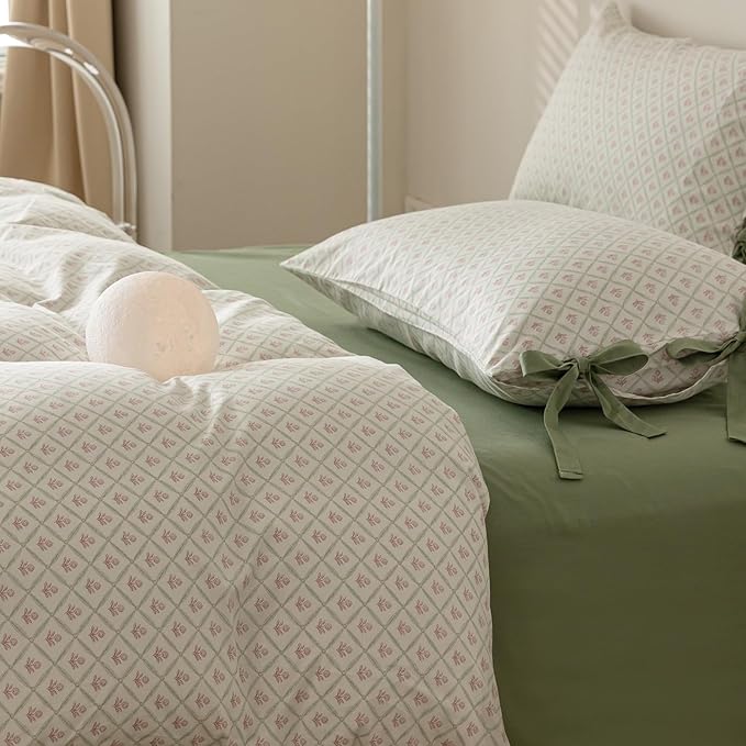 AOJIM Exquisite Kids Adults Duvet Cover Set with Plaid and Pink Floral Pattern, 100% Cotton Bedding Comforter Cover 3pcs, 1 Twin Size Quilt Cover 68x86 and 2 Pillowcases 20x26 with Bow Ties,No Quilt