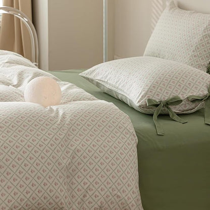 AOJIM Exquisite Kids Adults Duvet Cover Set with Plaid and Pink Floral Pattern, 100% Cotton Bedding Comforter Cover 3pcs, 1 Twin Size Quilt Cover 68x86 and 2 Pillowcases 20x26 with Bow Ties,No Quilt