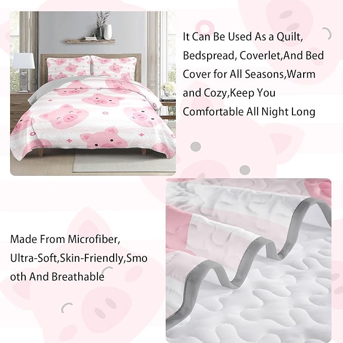 AILONEN Kids Cute Pig Quilt Full Size Bedding Set & 2 Pillowcases,Cartoon Pig Bedspresd Coverlet,3Pcs Pink White Stripes Printed Quilt Set,All Season
