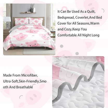 AILONEN Kids Cute Pig Quilt King Size Bedding Set & 2 Pillowcases,Cartoon Pig Bedspresd Coverlet,3Pcs Pink White Stripes Printed Quilt Set,All Season
