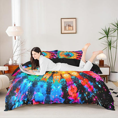 Castle Fairy Rainbow Tie Dye Duvet Cover King Size Watercolor Spiral Bedding Duvet Cover,Colorful Psychedelic Swirl Artwork Comforter Cover for Kids Teen Adult Boys Girls Bedroom Decorations