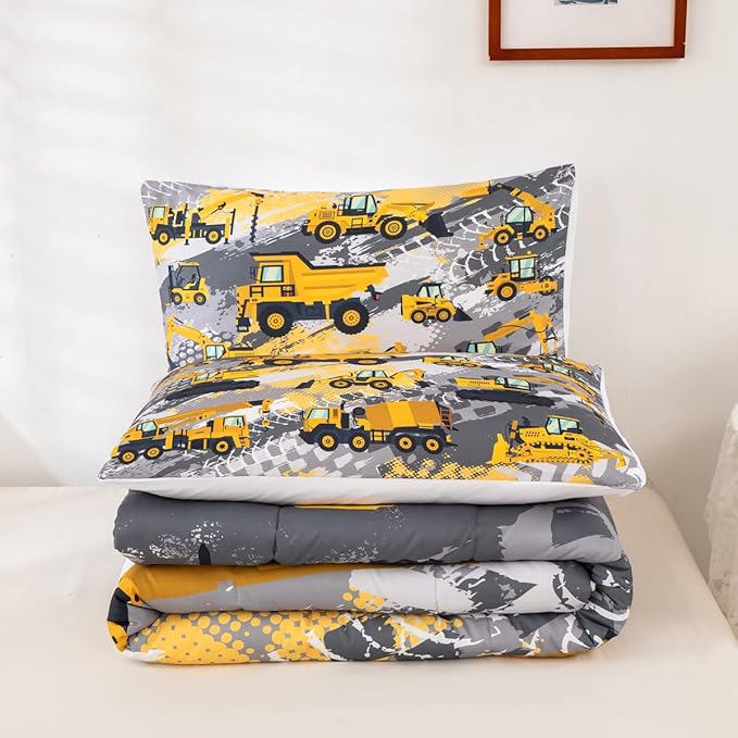 Feelyou Boys Construction Bedding Set Full Size Comforter for Kids Tractor Trucks Comforter Set Toddler Room Decor Car Bed Cartoon Excavator Quilted with 2 Pillow Cases