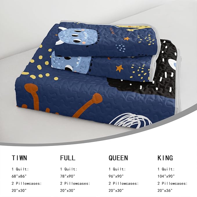 AILONEN Cartoon Monster Quilt Set Twin Size Hip Hop Bedspread Coverlet for Kids Boys,Funny Navy Blue Bedding with 2 Pillowcases,Bed Cover