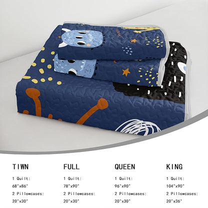 AILONEN Cartoon Monster Quilt Set King Size Hip Hop Bedspread Coverlet for Kids Boys,Funny Navy Blue Bedding with 2 Pillowcases,Bed Cover