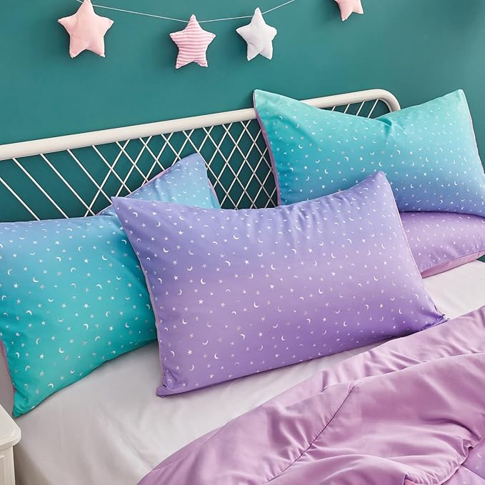 Yogeneg Rainbow Comforter Set Twin Size for Teen Girl &Boys Women,Metallic Star Moon Printed Mermaid Comforter with Pillowcase, Microfiber 2 Piece Bedding Set,All Season (Rainbow B, Twin)
