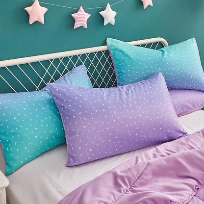 Yogeneg Rainbow Comforter Set Full/Queen Size for Teen Girls&Boys Women,Metallic Star Moon Printed Mermaid Comforter with 2 Pillowcase, Microfiber 3 Piece Bedding Set,All Season (Rainbow B, Queen)
