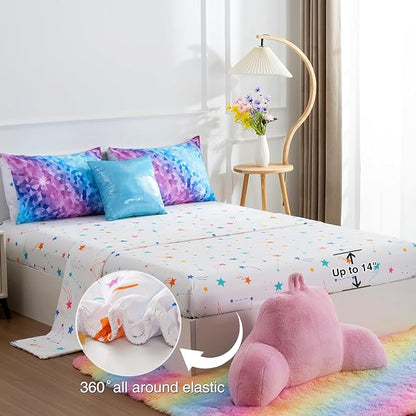 A Nice Night 6Pcs Gradient Abstract Art Grid Mosaic Geometric Bedding Set for Girls, Colorful Rainbow Galaxy Comforter Set, Ultra Soft Bedding Sets (PinkBlue,Twin 6Pcs)