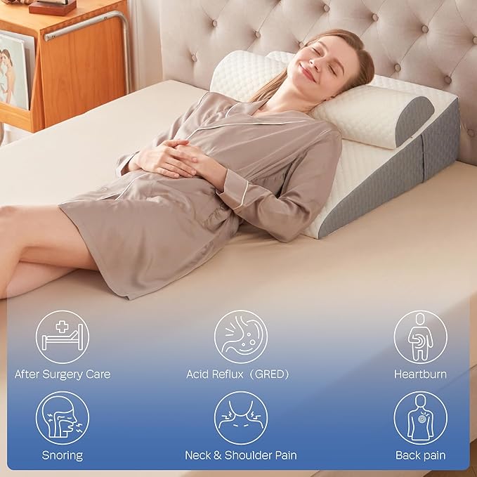Wedge Pillow with Adjustable Pillow, 7.5" Wedge Pillow for Acid Reflux and Back Pain Relief, Snoring, Bed Wedge Pillows for Sleeping After Surgery. Cooling Memory Foam Top