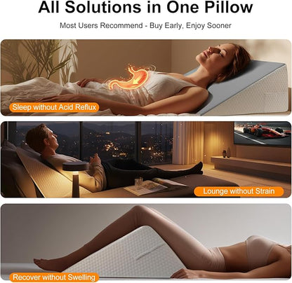 [2025 New 12" Memory Foam Wedge Pillow for Sleep Apnea, Sleeping, Acid Reflux Relief, Snoring, Dual Sided Cooling & Warm Fabric Triangle Pillow Wedge for After Surgery, Back, Leg - Gray
