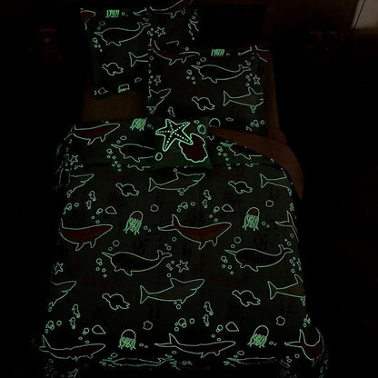 Glow in The Dark Kids Comforter Set Full Size for Girls, Ocean Animals Bedding Set 1 Comforter, 1 Decor Pillow, 2 Pillow Shams