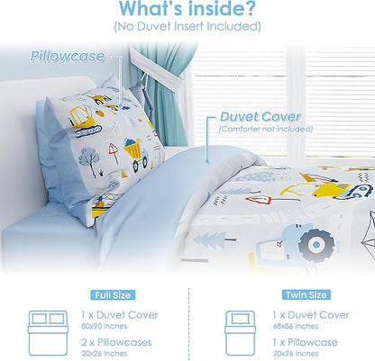 SANDJEST Construction Duvet Cover Sets Full Size for Kids Boys, Incude 1 Polyester Comforter Cover 80x90 Inches and 2 Pillowcases 20x26 Inches, Comforter Not Included, Gift for Christmas Birthday