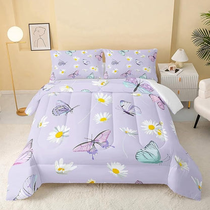 QOOMO Butterfly Comforter Set for Kids Teens Girls Women,Daisy Kids Comforter,1 Comforter with 2 Pillowcase, Microfiber 3 Piece Bedding Set,for All Seasons，King Size