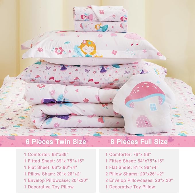 Mooreeke Twin Size Comforter Sets for Girls Kids, 6 Pieces Bed in a Bag Pink Fairy Bedding Comforter Sheet Set with Shams and Decorative Toy Pillow, Ultral Soft Microfiber Kids Bed Set