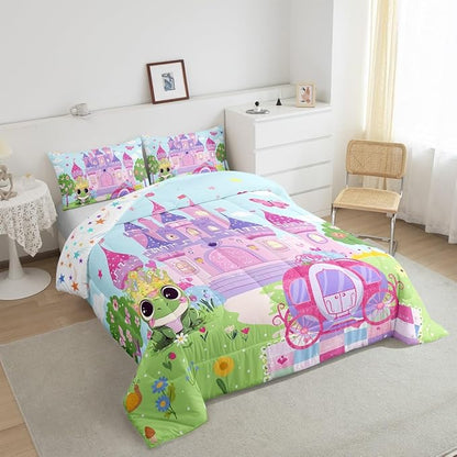 jejeloiu Cartoon Castle Bedding Set Twin Size Girls Pink Green Comforter Set for Kids Teens Princess Style Duvet Set Pumpkin Carriage Quilt Set 2Pcs