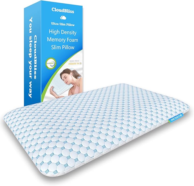 CloudBliss 2.75” Ultra Thin Pillows for Side | Back | Stomach Sleepers, Memory Foam Flat Pillow, Low Profile Sleeper Pillows with Double Sided Comfortable Breathable Pillow Cover, Standard