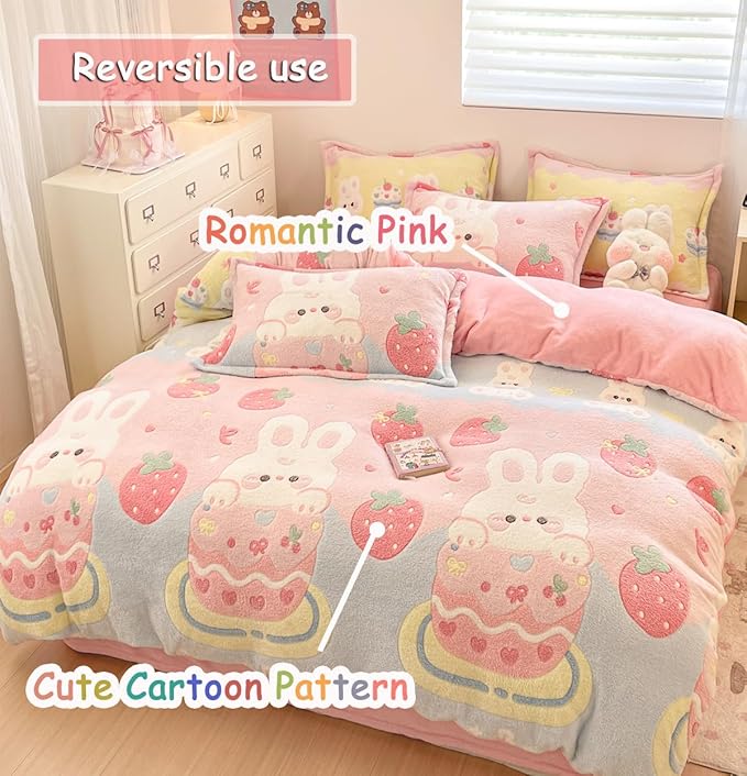 Twin Bedding Sets, Cute Bunny Pink Duvet Cover Set, Kawaii Cream Cake Fluffy Comforter Covers Ultra Soft for Girls Kids Women Teen(Cake, Twin)