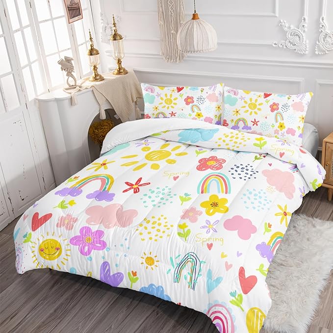 Colorful Rainbow Comforter Graffiti Cute Sun Flowers Bedding 3Pcs Full Cartoon Hearts Cloud Pattern Quilt Set for Kids Teens Girls Boys Raindrop Bed Set with 1 Comforter and 2 Pillowcases